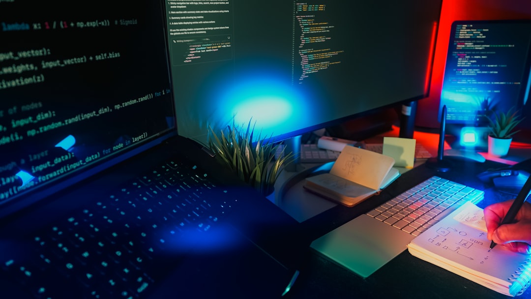 Computer screens displaying code with neon lighting.