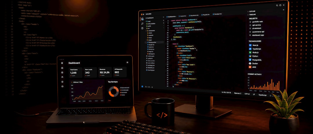 Dark workspace with laptop, monitor displaying code, and plant.