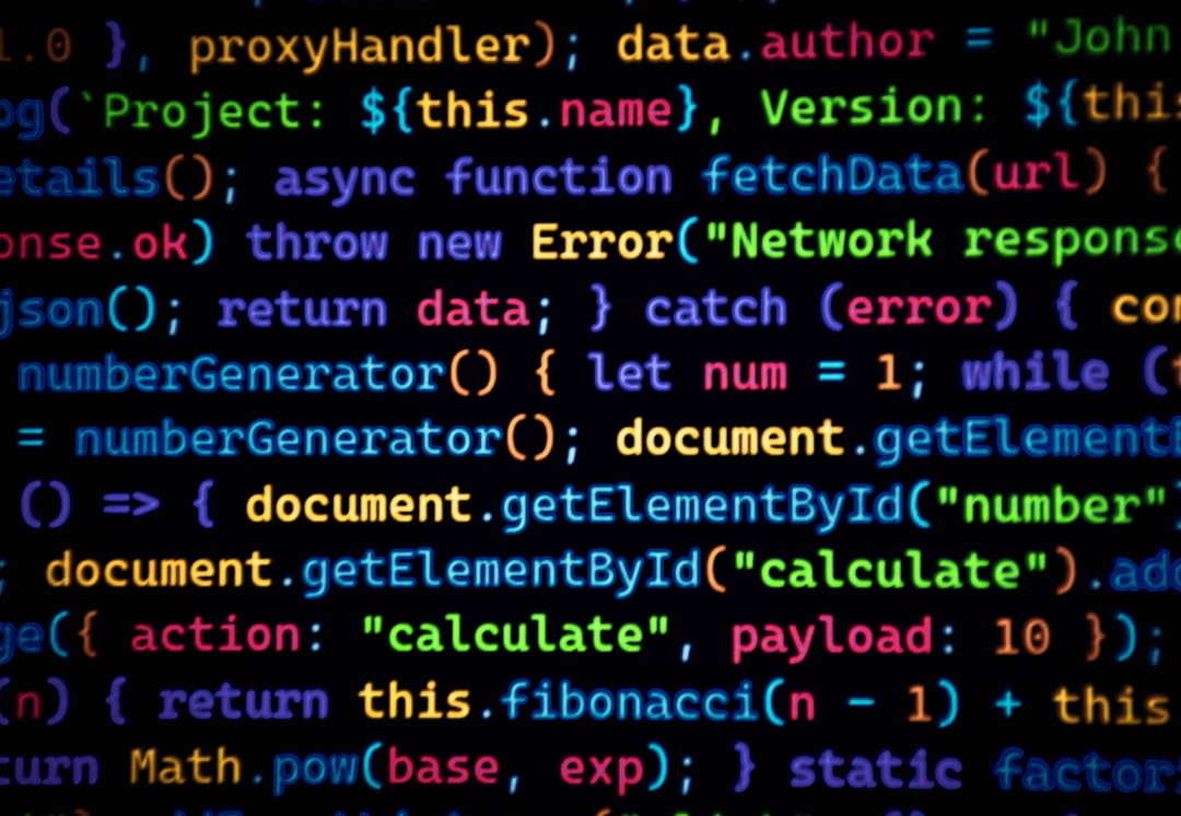 Colorful code scrolls across a dark background
